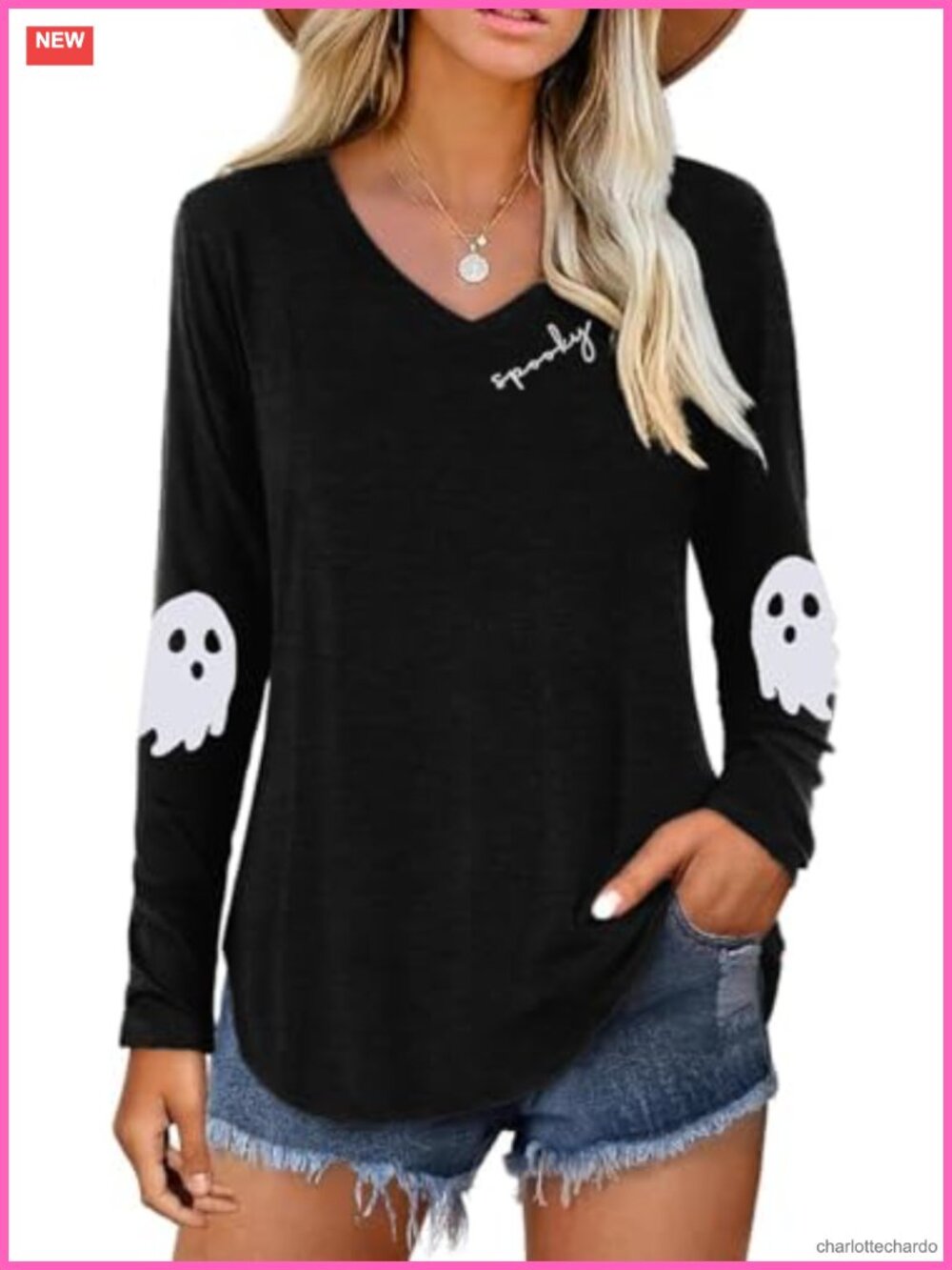 Womens Halloween Ghost Graphic Long Sleeve T-Shirt V-Neck